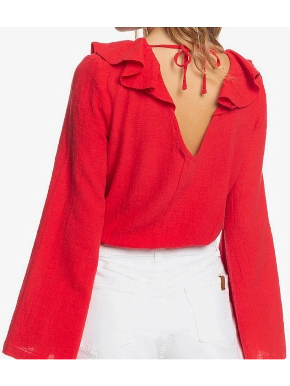 Red Roxy Ruffle-Neck Long-Sleeve Women's Top - Picture 3 of 6